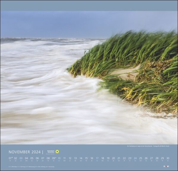 Ein Nationalpark Wattenmeer-Kalender 2024 mit atemberaubenden Bildern des Nationalpark Wattenmeer mit Gras und Wellen im Hintergrund.