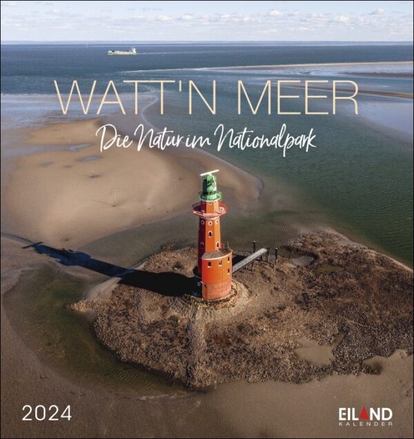 Ein Watt'n Meer - PostkartenKalender 2024 zeigt eine malerische Szene eines im Wasser stehenden Leuchtturms, darunter die Worte „Watt'n Meer“. Das fesselnde Bild ist perfekt für diejenigen, die sich nach der Küste sehnen.