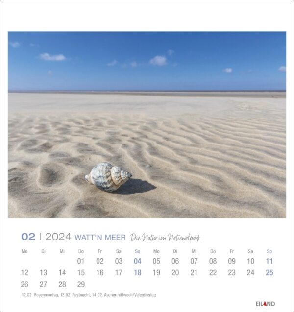 Ein Watt'n Meer - PostkartenKalender 2024 mit einem Kalender mit einer Muschel im Sand, der die ruhige Schönheit von Watt'n Meer einfängt.