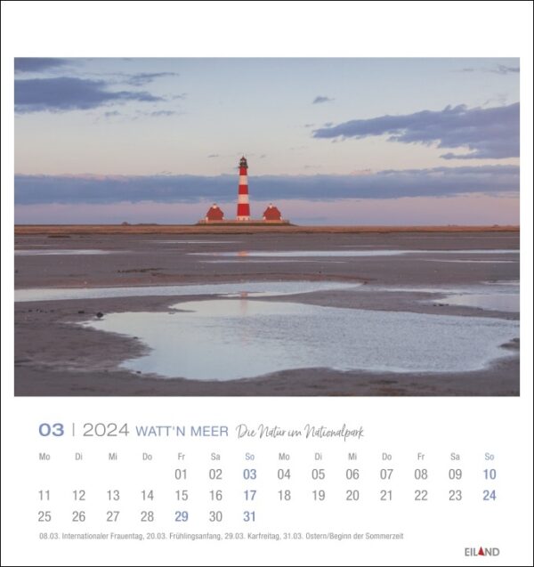 Ein Watt'n Meer - PostkartenKalender 2024 mit einem ruhigen Leuchtturm vor der Kulisse von Watt'n Meer, eingestellt für das Jahr 2024.
