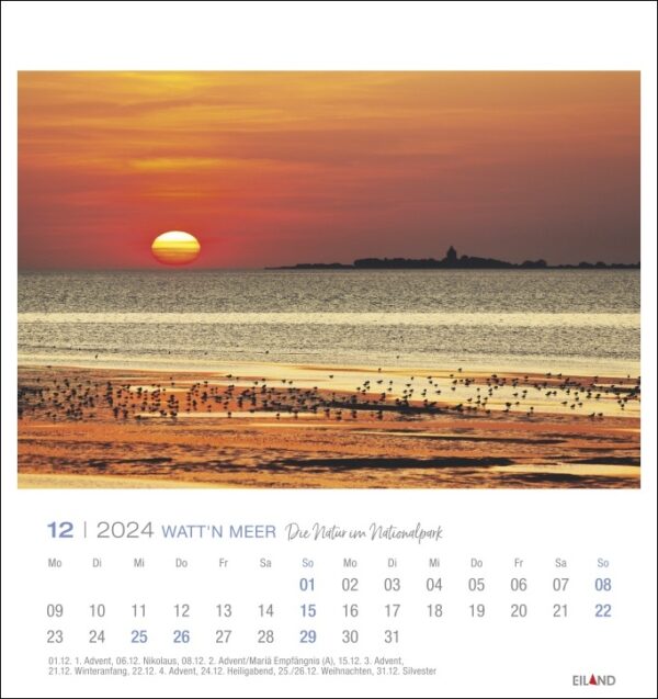 Ein Watt'n Meer - PostkartenKalender 2024 mit einem atemberaubenden Sonnenuntergang und ruhigen Vögeln am Strand von Watt'n Meer.