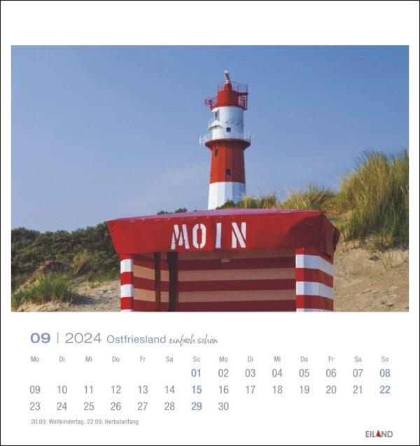 Ein Ostfriesland einfach schön - PostkartenKalender 2024 mit einem atemberaubenden Leuchtturm im Hintergrund, der die Essenz Ostfrieslands einfängt.