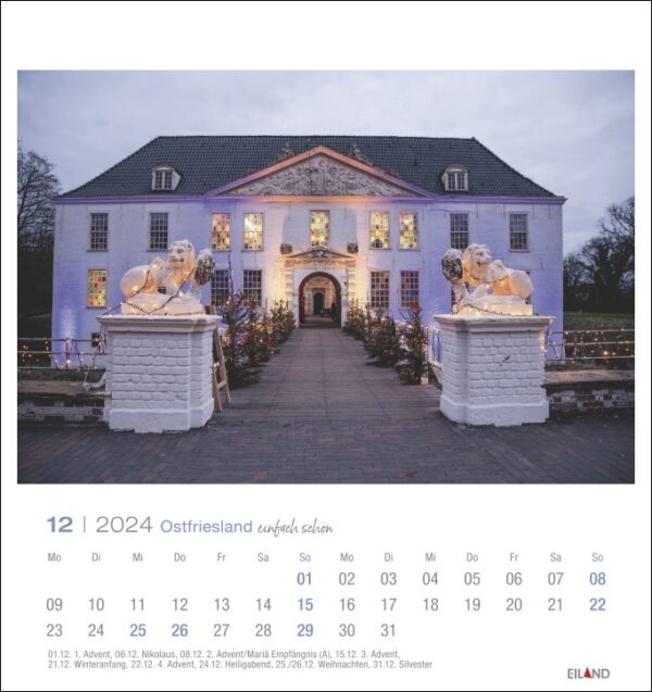 Der Ostfriesland einfach schön - PostkartenKalender 2024 zeigt einen Kalender mit einer Statue vor einem Gebäude in Ostfriesland.
