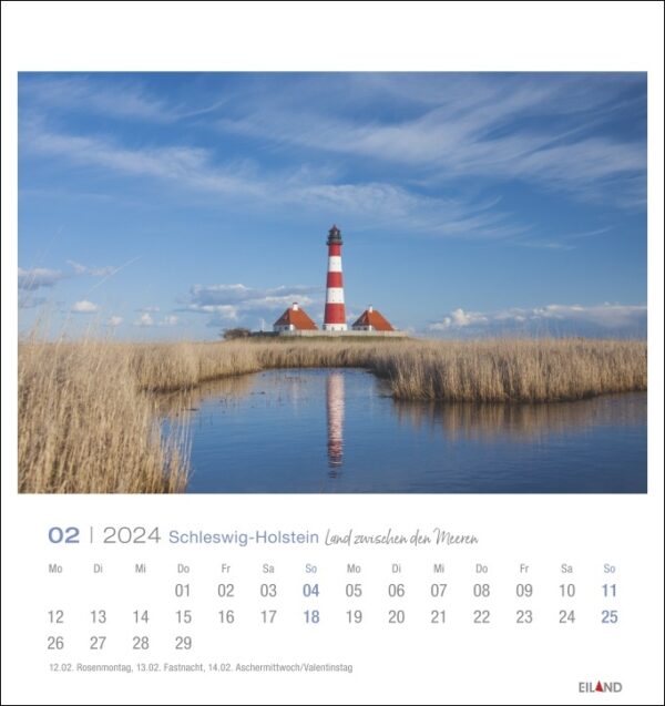 Ein Schleswig-Holstein - PostkartenKalender 2024 mit einem Kalender, der mit einem wunderschönen Leuchtturm vor der malerischen Kulisse Schleswig-Holsteins geschmückt ist.