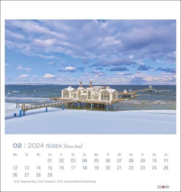 Ein Rügen - PostkartenKalender 2024 mit einem wunderschönen schneebedeckten Pier auf der malerischen Insel Rügen, perfekt für die Planung Ihrer Aktivitäten und Veranstaltungen im Jahr 2024.