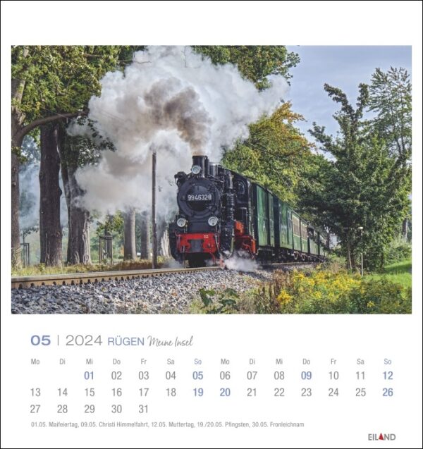 Ein Rügen - PostkartenKalender 2024 mit dem Bild einer Dampfeisenbahn, insbesondere aus der malerischen Region Rügen.