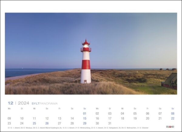 Ein Sylt-Panorama-Kalender 2024 mit einem Leuchtturm auf der malerischen Insel Sylt im Jahr 2024.