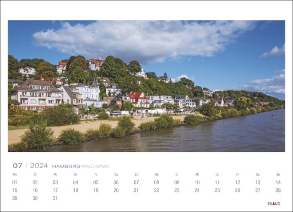 Ein Hamburg-Panorama-Kalender 2024 mit dem malerischen Fluss und den Häusern Hamburgs im Jahr 2024.