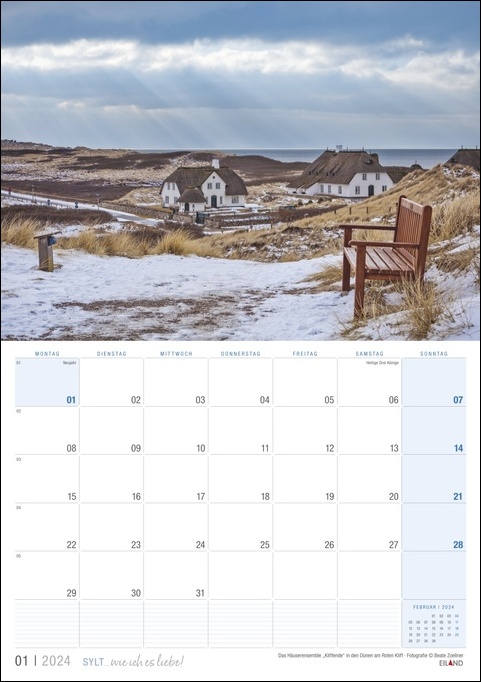 Ein Sylt ... wie ich es liebe 2024 Kalender mit einer verschneiten Landschaft und einer Bank auf Sylt im Jahr 2024.