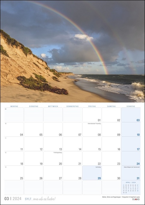 Ein Kalender mit einem Regenbogen über dem Meer auf Sylt ... wie ich es liebe 2024.
