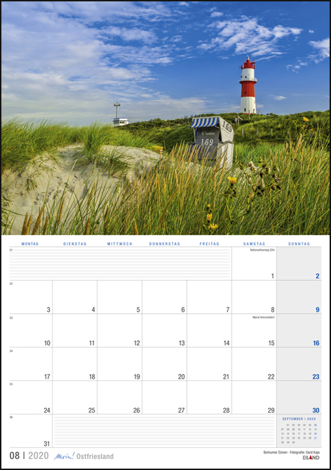 Ein Kalender mit einem Leuchtturm im Hintergrund mit Moin! Ostfriesland - EilandPlaner.