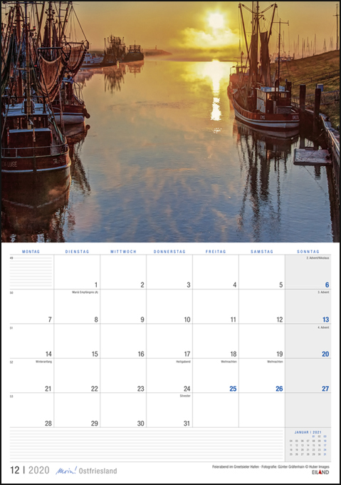Ein Moin! Ostfriesland - EilandPlaner-Kalender mit im Wasser angedockten Booten.