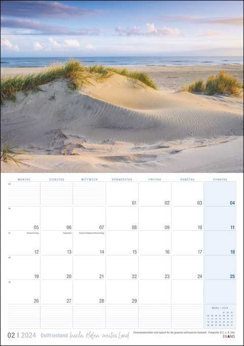 Ein Kalender mit Sanddünen in Ostfriesland, Ostfriesland 2024, der 2024 erscheinen soll.