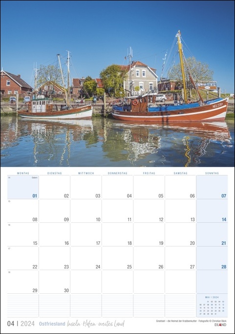 Ein Kalender mit wunderschönen Booten, die im Hafen von Ostfriesland 2024 anlegen.