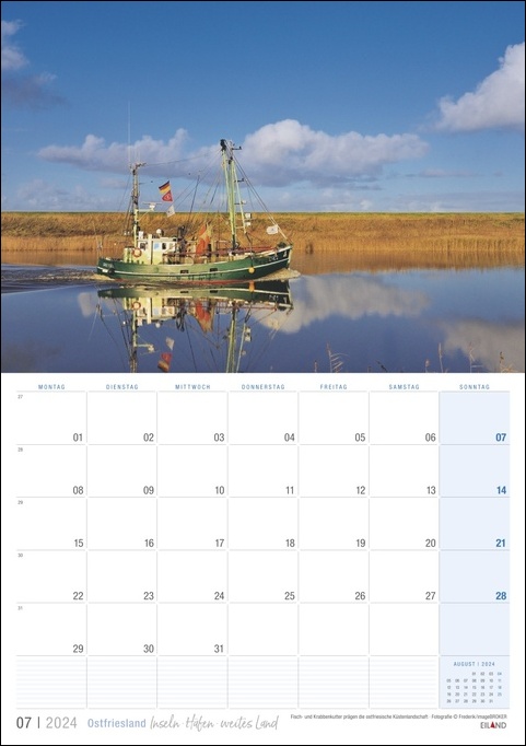 Ein Kalender, der die ruhige Schönheit Ostfrieslands 2024 einfängt und ein Fischerboot vor einer atemberaubenden Kulisse zeigt.