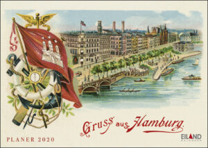 Ein Hamburg - anno - EilandPlaner mit Hamburger Stadtbild und einer Flagge.