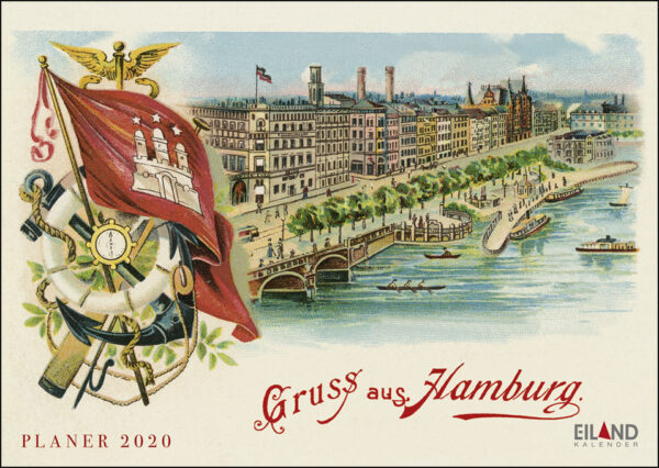 Ein Hamburg - anno - EilandPlaner mit Hamburger Stadtbild und einer Flagge.