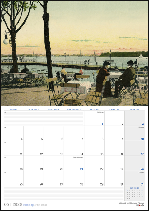 Ein Hamburg - anno - EilandPlaner-Kalender mit einem Bild von Menschen an einem Tisch.