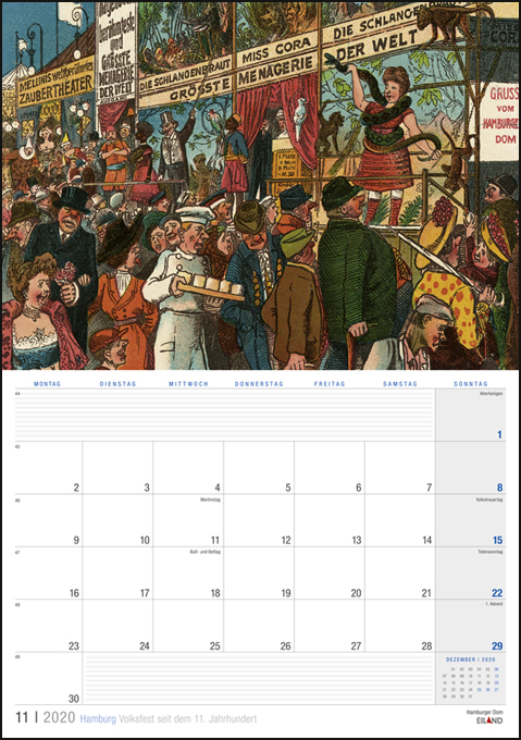 Ein Kalender zum Thema Hamburg mit einem Bild von Menschen auf einem Markt – Hamburg – anno – EilandPlaner