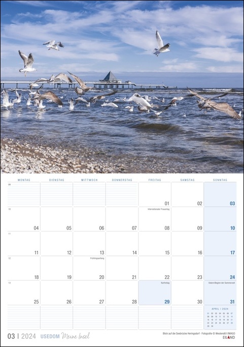 Ein Kalender mit über dem Wasser fliegenden Möwen auf der malerischen Insel Usedom …meine Insel 2024.