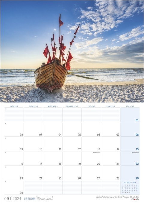 Ein Kalender mit einem Boot am Strand von Usedom ...meine Insel 2024.