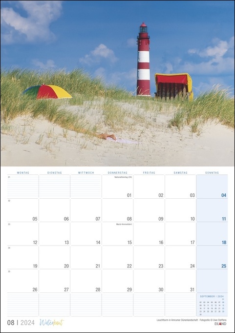 Ein Waterkant-Kalender 2024 mit einem malerischen Leuchtturm mit Blick auf die malerische Waterkant.