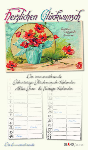 Ein Glückwunsch-Kalender mit einer leuchtend roten Blume in einer Vase.