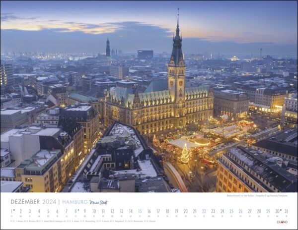 Ein Kalender, der die malerische Stadt Hamburg in der Abenddämmerung zeigt – Meine Stadt 2024.