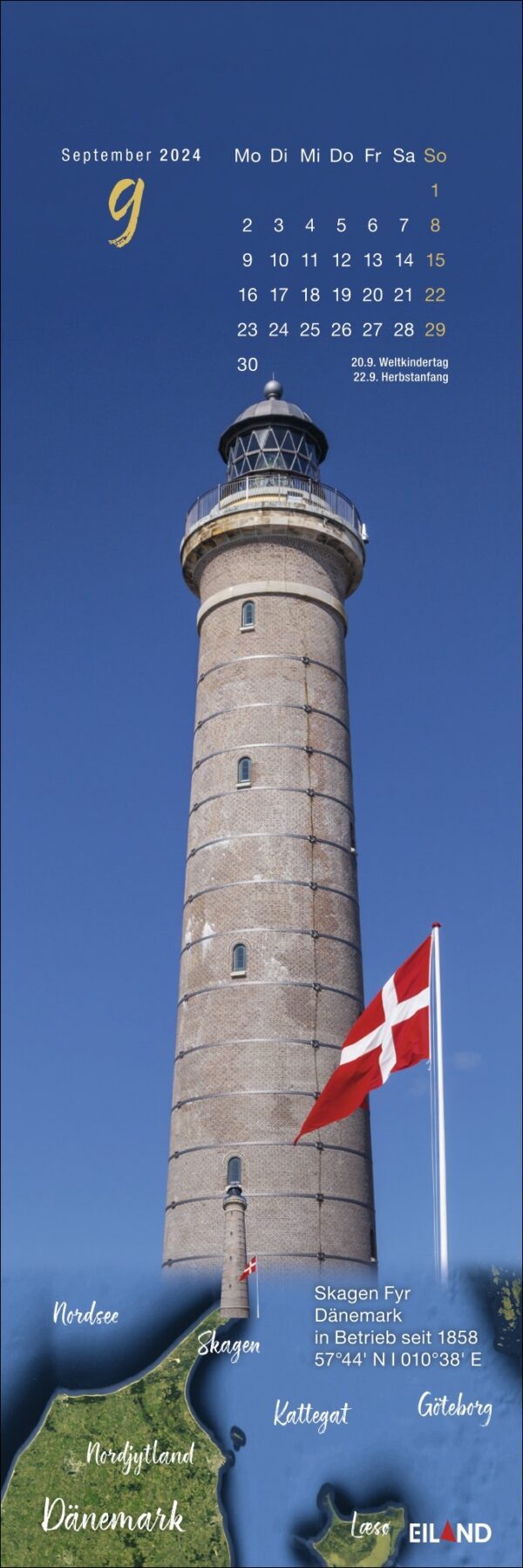 LilleEiland - Kalender 2024 präsentiert einen bezaubernden Kalender für 2024 mit einem faszinierenden Leuchtturm und einer leuchtenden Flagge.