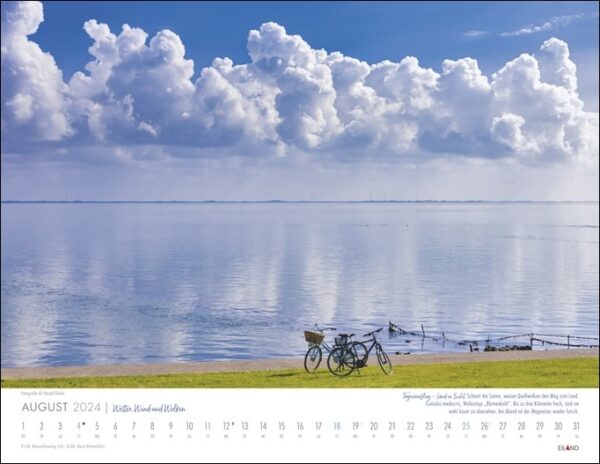 Ein Wetter, Wind und Wolken 2024-Kalender mit einem Fahrrad, das vor einem See geparkt ist, während der Wind durch die Wolken weht.