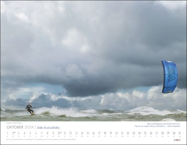 Ein Wetter, Wind und Wolken-Kalender 2024 mit einem Mann, der die Wind- und Wetterbedingungen im Wasser genießt.