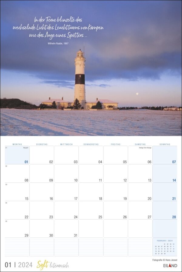 Ein literarischer Sylt-Kalender 2024 mit einem Leuchtturm auf der Insel Sylt.