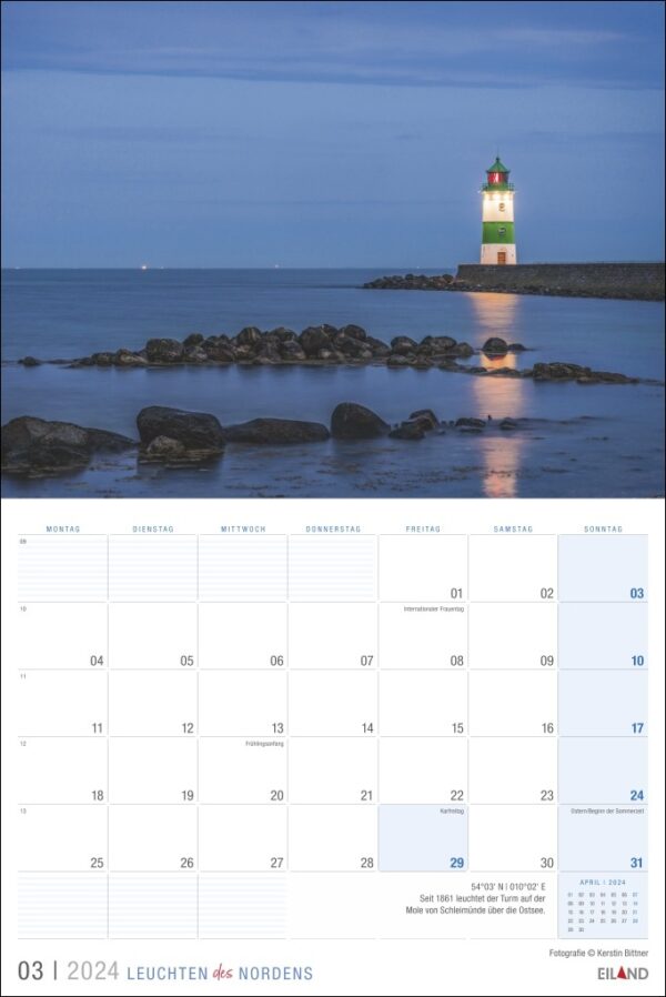 Ein Kalender mit einem Leuchtturm im Hintergrund, der sein Licht „Leuchten des Nordens 2024“ in Richtung Nordens strahlt.