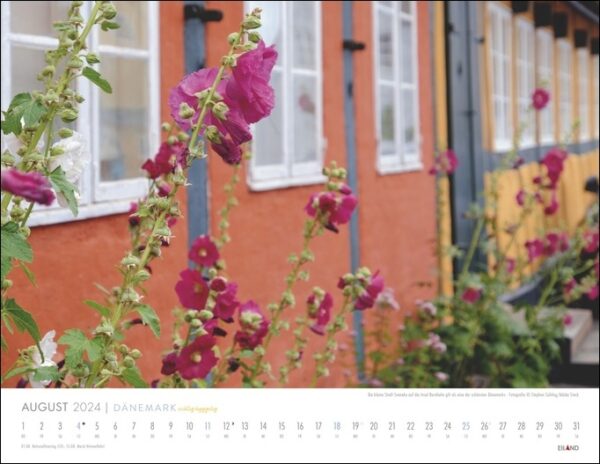 Ein Wandkalender „DÄNEMARK – richtig hyggelig 2024“ mit Blumen für das Jahr 2024 in DÄNEMARK.