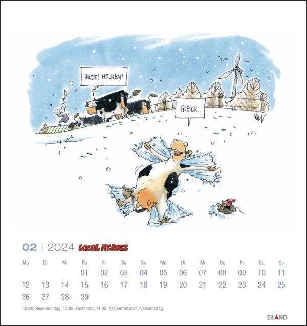 Ein Local Heroes-Kalender 2024 mit lokalen Helden und einem Cartoon einer Kuh im Schnee.