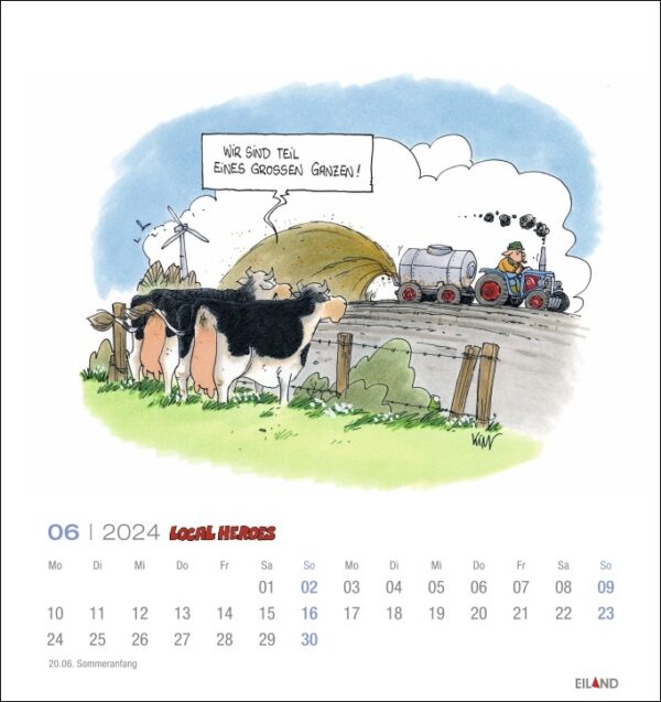 Ein Kalender mit einem Cartoon von Local Heroes 2024 und einem Zug.