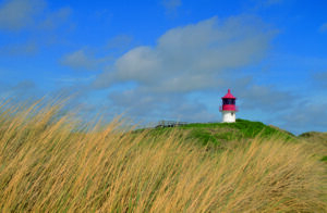 Ein Küste - Leuchtturm auf Amrum auf einer grasigen Küste auf Amrum.