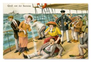Eine Vintage-Postkarte, die Menschen auf einem Schiff während einer „Eine Seefahrt die ist lustig“ zeigt.