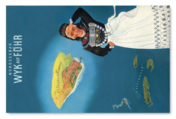 Ein Vintage-Werbeplakat von Wyk auf Föhr mit einer Frau in einem Kleid, das eine Fahne hält, aus Wyk auf Föhr in den 50er Jahren.