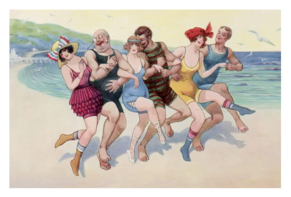 Ein Gemälde von „Strandgeflüster – Badeleben – anno dazumal“, das das alte Strandleben einfängt.