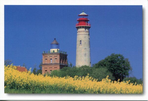 Ein Leuchtturm auf dem Produkt Rügen - Meine Insel - Leuchttürme von Kap Arkona auf der Halbinsel Wittow mit gelben Blumen im Hintergrund.
