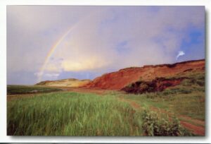 Ein Regenbogen über einer Wiese auf Meine Insel - Morsum Kliff.