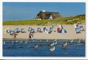 Eine Gruppe von Menschen genießt Sylt Impressionen - Sommer in Kampen an einem Strand in Kampen.