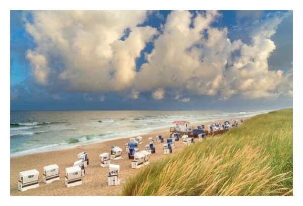 Meine Insel Sylt, ein Strand mit Liegen und Sonnenschirmen unter bewölktem Himmel, bietet eine malerische Kulisse zum Entspannen.