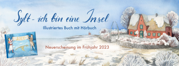 Das Cover eines Kinderbuches mit einem Haus auf der verschneiten Insel Sylt – Ich bin eine Insel.