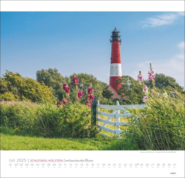 Ein rot-weißer Leuchtturm in Schleswig-Holstein 2025 inmitten üppiger Vegetation und leuchtend rosa Blüten unter einem klaren blauen Himmel. Ein weißes Holztor öffnet sich zu einem Weg, der zum l führt