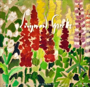 Dieses Bild ist ein farbenfrohes abstraktes Blumengemälde von Siegward Sprotte 2025, das leuchtend rote, gelbe und rosa Blumen mit grünem Laub vor einem hellen Hintergrund zeigt. Die Signatur des Künstlers und die Daten