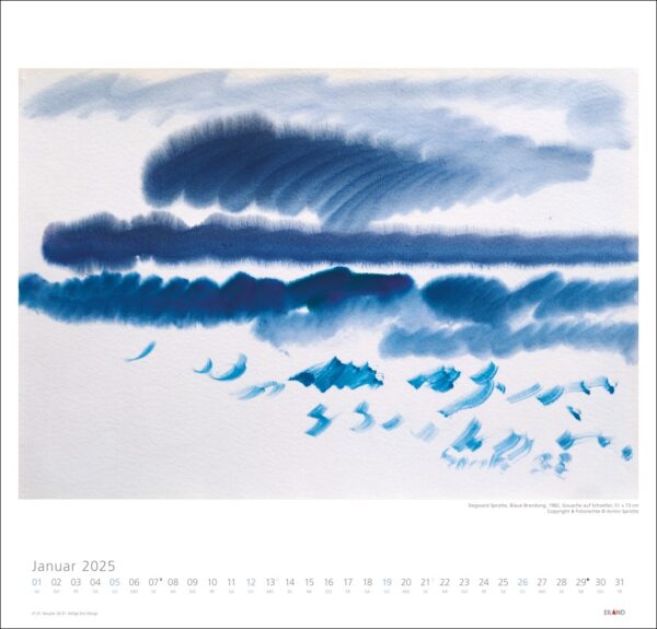 Dieses Bild zeigt einen von Siegward Sprotte inspirierten abstrakten Kalender 2025 von Siegward Sprotte mit einem Aquarell in verschiedenen Blautönen, die an Wellen in unterschiedlicher Intensität und mit unterschiedlichen Mustern erinnern und über einen Kalender gelegt sind.