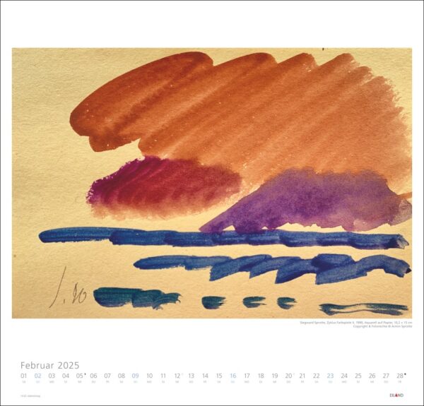 Abstraktes Aquarell, das einer Landschaft mit breiten Strichen in gebranntem Orange und Aubergine über sich kräuselndem Marineblau ähnelt und möglicherweise einen Sonnenuntergang über dem Wasser suggeriert. Erstellt von Siegward Sprotte 2025.