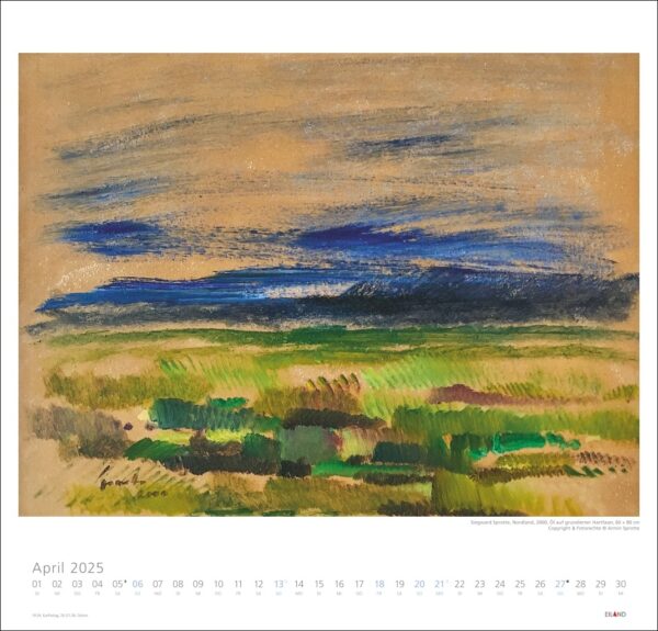 Eine Siegward Sprotte Kalenderseite für April 2025 mit einem abstrakten Landschaftsgemälde von Siegward Sprotte. Das Gemälde hat strukturierte Schichten von Erdtönen, Grün und Blau, die an Felder unter einem
